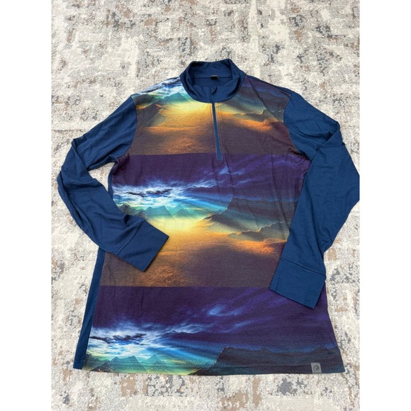 Helly Hansen Mens XXL Merino Wool 1/2 Zip Mountain Graphic Base Layer Blue